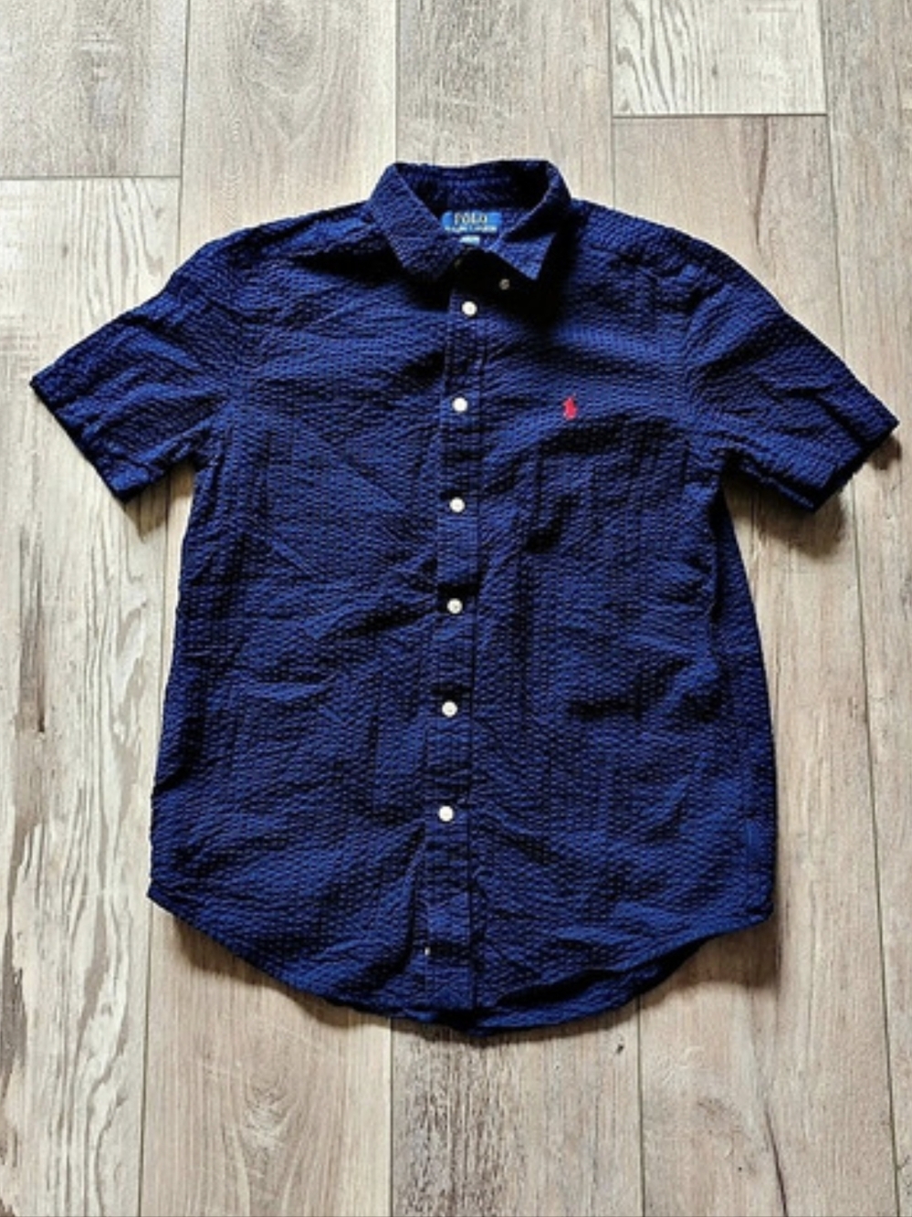 Polo Ralph Lauren Boys L 14-16 Navy Blue Textured Short Sleeve Button Down Shirt